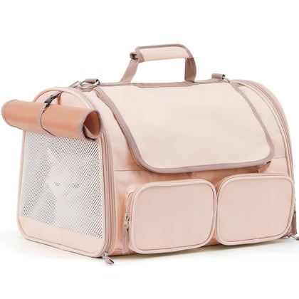 FUKUMARU Cat Carrier, 4 Mesh Windows Small Dog Carrier, 4 Storage Pockets Cat Travel Bag, Under 44 lb Airline Approved Pet Carrier, Rollable Cover for Nervous Cats, Pink