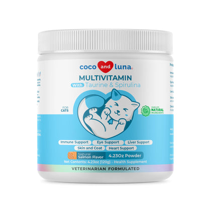 10 in 1 Multivitamin for Cats - 4oz Powder - L-Lysine, Taurine, and Spirulina for Immune Support and Eye Health - Fish Oil & Vitamins for Skin and Heart Health. (for Cats)