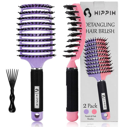 Boar Bristle Hair Brush Set of 2, HIPPIH Wet & Dry Hair Brushes Made by Fine Natural Boar Hair Can Adds Shine and Smoothing, Detangling Long Curly Thick Hair for Women, Men & Kids'