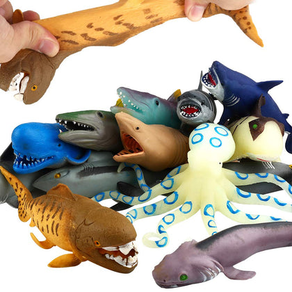 Ocean Sea Animal,8 Inch Rubber Bath Toy Set(8 Pack Random),Super Stretches Material TPR, Some Kinds Can Change Colour, ValeforToy Floating Bathtub Toy Party Shark Octopus Figure