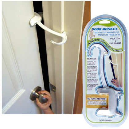 DOOR MONKEY Child Proof Door Lock & Pinch Guard - For Door Knobs & Lever Handles - Easy to Install - No Tools or Tape Required - Baby Safety Door Lock For Kids - Very Portable - Great for Dogs & Cats