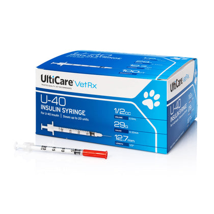 UltiCare VetRx U-40 Pet Insulin Syringes, Comfortable & Accurate Dosing of Insulin for Pets, Compatible with Any U-40 Strength Insulin, Size: 1/2cc, 29G x ½, 100 ct Box