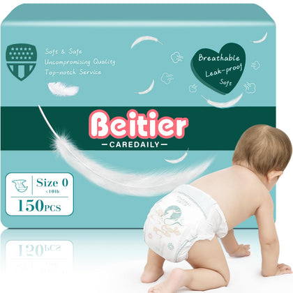 Beitier Ultra Absorbent Baby Diapers, 150 Count Size 0 Newborn Diapers, Fragrance Free, Sensitive Skin Safe Breathable Diapers, Disposable Diapers All Day Dryness, No Leakage Worries (Under 10 lbs)