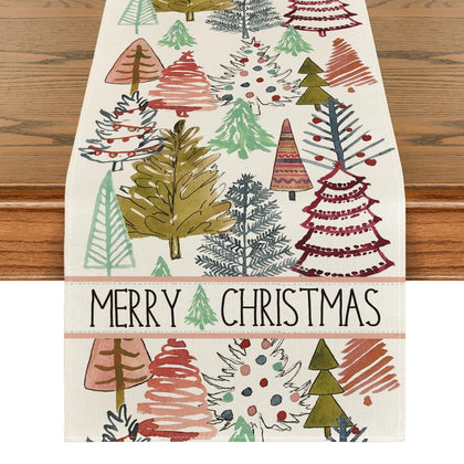 Artoid Mode Xmas Trees Lamp Boho Merry Christmas Table Runner, Seasonal Winter Holiday Kitchen Dining Table Decoration for Outdoor Home Party 13x72 Inch