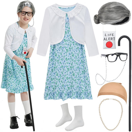 Z-Shop Old Lady Costume for Girls 100th Day of School Costume Grandma Granny Dress with Wig for Kids,2-6