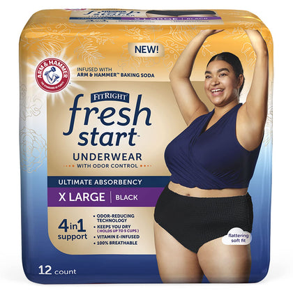 FitRight Fresh Start Incontinence and Postpartum Underwear for Women, XL, Black (12 Count) Ultimate Absorbency, Disposable Underwear with The Odor-Control Power of ARM & Hammer