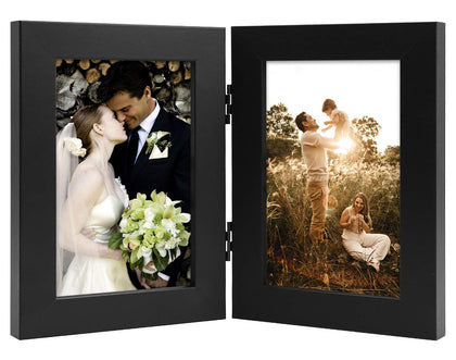 Golden State Art, 4x6 Double Picture Frame Vertical Hinged Photo Frame 2 Opening Folding Family Frames Collage, with Real Glass (4x6, Black, 1-Pack)