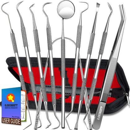 Dental Tools, 10 Pack Professional Plaque Remover Teeth Cleaning Tools Set, Stainless Steel dental Hygiene Kit with Dental picks, Tartar Scraper, Tooth Scaler, Tongue Scraper, Dental Mirror- with Case