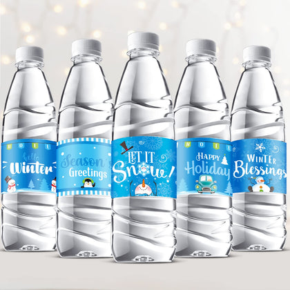 Outus 39 Pieces Winter Water Bottle Labels Snowflake Water Bottle Labels Frozen Water Bottle Labels Snowman Penguin Water Bottle Sticker Bottle Wraps Party Decorations for Winter Party Supplies