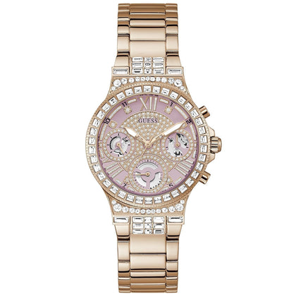 GUESS Ladies Sport Multifunction Glitz with Crystals 36mm Watch - Pink Dial Rose Gold-Tone Stainless Steel Case & Bracelet