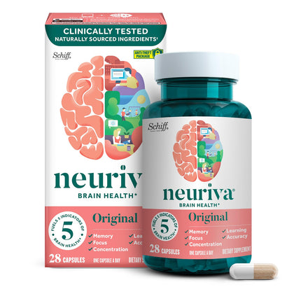 NEURIVA Original Decaffeinated Clinically Tested Nootropic Brain Supplement for Memory, Focus & Concentration, NeuroFactor & Phosphatidylserine, 28ct Capsules