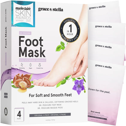 grace & stella Award-Winning Foot Peeling Mask - Foot Peel Masks (4 Pairs, Unscented) - Moisturizing Foot Masks That Remove Dead Skin, Exfoliating Foot Mask for Dry Cracked Feet, Feet Peeling Mask