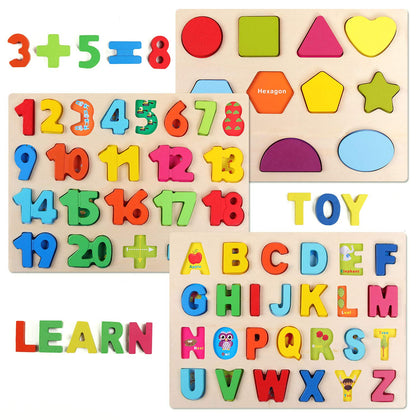 QZMTOY Wooden Puzzles for Toddlers, Wooden Alphabet Number Shape Puzzles Toddler Learning Puzzle Toys for Kids, 3 in 1 Puzzle for Toddlers, Age 3+ (Set of 3)