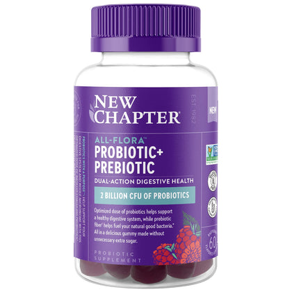New Chapter Probiotic Gummies for Women and Men, All-Flora (1 Month Supply) - 55% Less Sugar+, Formulated for Holistic Gut Health Support with Probiotics + Prebiotic Fiber + 100% Vegan + Non-GMO