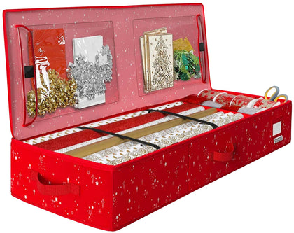 CLOZZERS Gift Wrap Organizer and Storage Box with 2 Large Pockets for Accessories and Supplies, Heavy Duty, Tear Resistant and Water Resistant, Holds up to 24 Wrapping Paper Rolls, Red Stars Print