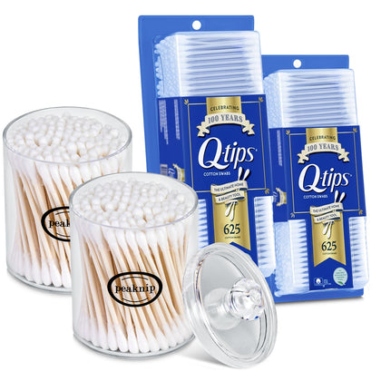 2-Pack 625 Count Q-tip Cotton Swabs - Multipurpose, Soft and Firm Cotton Buds for Body Hygiene, Beauty Care, and Tool Cleaning - Bundled with 2 Peaknip Q-tip Holder & Dispenser
