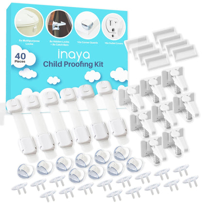 Inaya Complete Baby Proofing Kit - Child Safety Hidden Locks for Cabinets & Drawers, Adjustable Safety Latches, Corner Guards and Outlet Covers - Baby Proof Pack to Keep Your Child Safe at Home