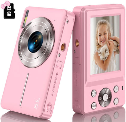 Digital Camera, Kids Camera FHD 1080P 44MP Compact Pink Digital Camera with 32GB SD Card Small Vlogging Camera 16X Digital Zoom, Mini Point and Shoot Camera Gift for Kids Boys Girls Teens Students