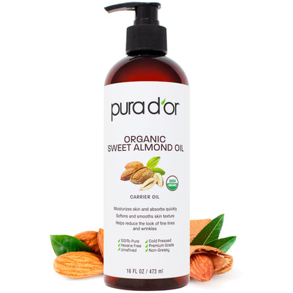 PURA D'OR Organic Sweet Almond Oil (16oz) USDA Certified 100% Pure & Natural Carrier Oil - Hexane Free - Skin & Face - Facial Polish, Full Body, Massages, DIY Base (Packaging may vary)