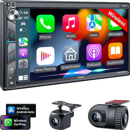 SJoyBring Upgrade Wireless Double Din Car Stereo with Apple Carplay, Android Auto, Dash Cam, Bluetooth, 4-Channel RCA, 2 Subwoofer Ports, 7