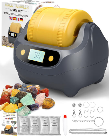 Rock Tumbling Kit, Durable Leak-Proof Rock Polisher, Double-Sided Roller Design, 9-Day Timer, Complete Rock Polisher with Rough Gemstones, Polishing Grits, Jewelry Set, Gift for Adults Kids (Grey)