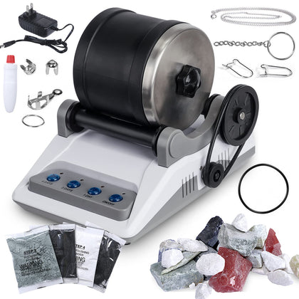 Rock Tumbler Kit, Professional Tumbling Stone Polisher with Button 7 Day Polishing Timer, Rock Polisher with Rough Gemstones, 4 Polishing Grits, Jewelry Fastenings, Geology Hobby Toy for Kids Adults