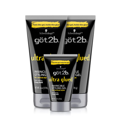 Got2B Ultra Glued Invincible Styling Gel 2 - 6 oz Tubes + 1 Travel 1.25 oz Tube