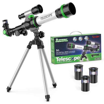 ToyerBee Telescope for Kids, Astronomy Kids Telescope with 3 Eyepieces, Compass & Tabletop Tripod, Portable Refractor Telescope for Astronomy Beginners, Great STEM Space Toys Gift for Kids to See Moon