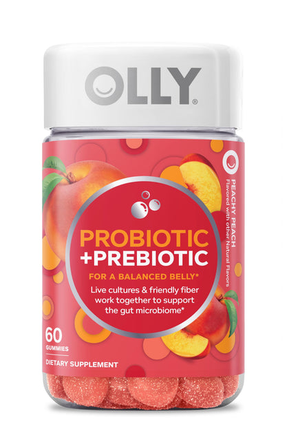 OLLY Probiotic + Prebiotic Gummy, Digestive Support and Gut Health, 500 Million CFUs, Fiber, Adult Chewable Supplement for Men and Women, Peach, 30 Day Supply - 60 Count
