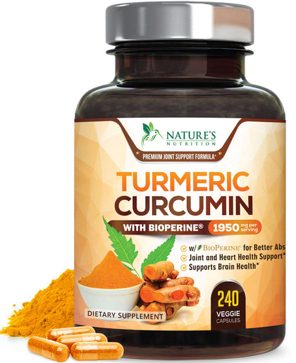 Turmeric Curcumin with BioPerine 95% Standardized Curcuminoids 1950mg - Black Pepper for Max Absorption, Natural Joint Support, Natures Tumeric Supplement, Vegan Herbal Extract, Non-GMO, 240 Capsules