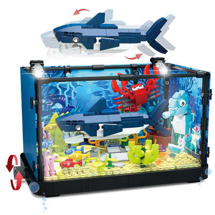 Fish Tank Building Block Compatible with Lego Sets for Adult, Lighting Aquarium Sets Including Marine Life and Succulent, STEM Toys for Kids 8+, Gifts for Kids, Ocean Lovers (648 PCS) - Shark