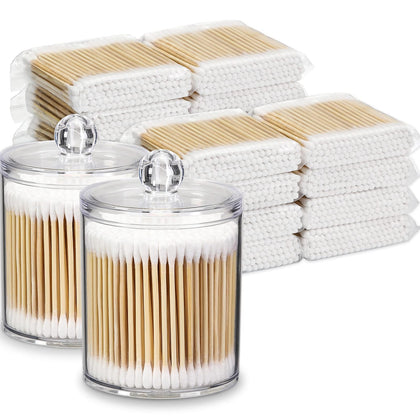1600 Count Cotton Swabs with 2 Clear Dispenser Holders - Bamboo Sticks Cotton Swabs for Ears - Double Round Thick Cotton Buds Suitable for Makeup and Cleaning - Bundle 2 Plastic Apothecary Jars