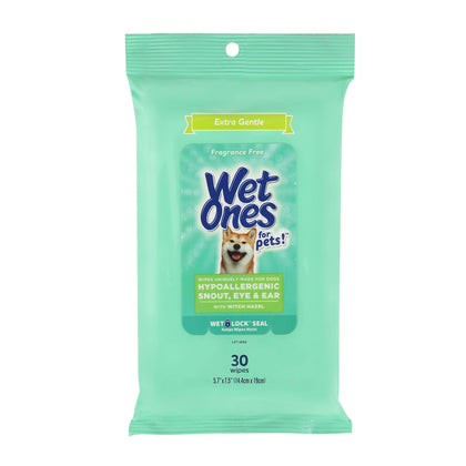 Wet Ones for Pets Extra Gentle Hypoallergenic Dog Wipes with Witch Hazel for Snout, Eye, Ear | Fragrance-Free for All Dogs with Wet Lock Seal | 30 Ct Pouch