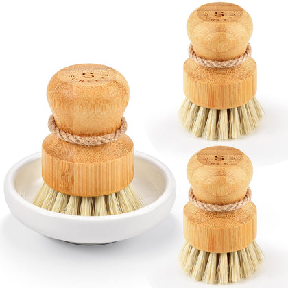 Bamboo Dish Scrub Brushes by Subekyu, Kitchen Wooden Cleaning Scrubbers Set for Washing Cast Iron Pan/Pot, Natural Sisal Bristles, Set of 3