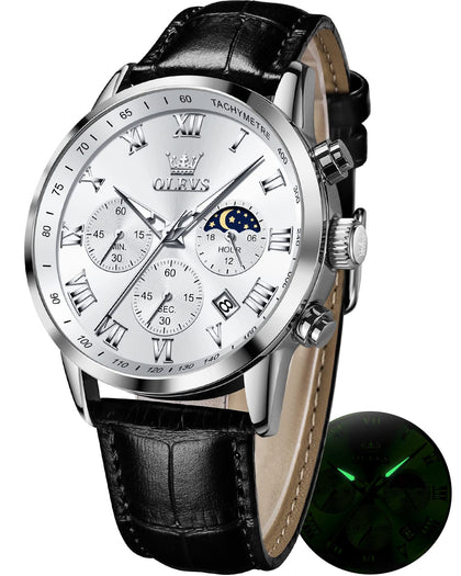 OLEVS Dress Watch for Men Leather Moon Phase Chronograph Luxury Analog Quartz Watch Business Calendar Luminous Waterproof Mens Watches Black White