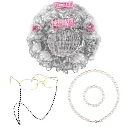 URATOT 5 Pieces 100 Days of School Old Lady Wig Costume Set Grandma Wig Hair Rollers Glasses Chain Necklace Bracelet