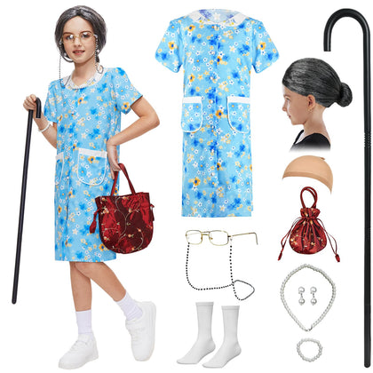 DJKFAEK Old Lady Costume for Kids 100 Days Of School Grandma Costume Set With Granny Glasses Necklace Wig Cane (M)
