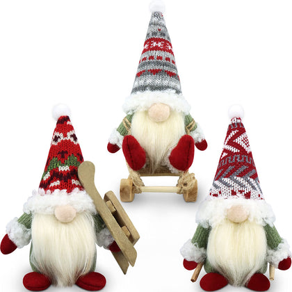 Gehydy Christmas Gnomes Decorations Set of 3 Mini Gnomes Plush Ski with Sled Handmade Gift Scandinavian Tomte Knomes Nomes Santa Xmas Decor for Home Kitchen Farmhouse Tiered Tray