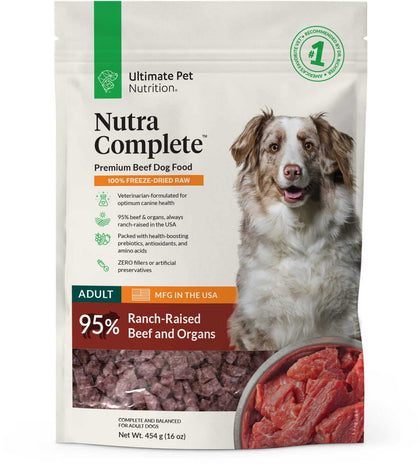 ULTIMATE PET NUTRITION Nutra Complete, 100% Freeze Dried Veterinarian Formulated Raw Dog Food with Antioxidants Prebiotics and Amino Acids, (Beef, 16 Ounce)