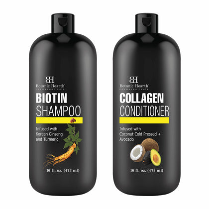 Botanic Hearth Biotin Shampoo and Conditioner with Collagen - Fights Hair Loss & Thinning with Korean Ginseng & Turmeric, Conditioner Promotes Hair Growth with Avocado and Coconut - 16 fl oz x 2