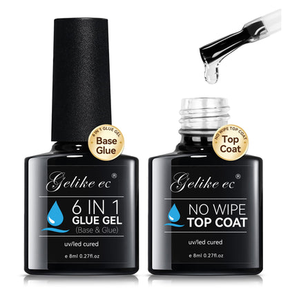 gelike ec 6 in 1 Nail Glue Base Gel and Top Coat Kit 2PCS for Nail Polish, Base Gel Nail Glue No Wipe Top Coat Super Shiny Stain Resistant for False Nail Tips Long Lasting UV Needed