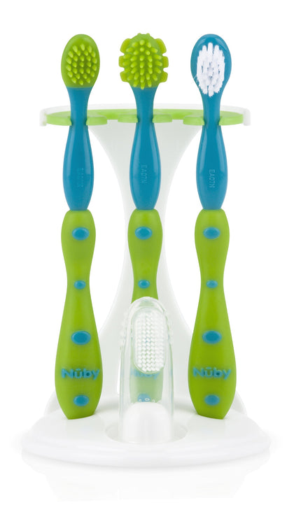 Nuby 4-Stage Oral Care Set with 1 Silicone Finger Massager, 2 Massaging Brushes, 1 Nylon Bristle Toddler Tooth Brush, Green/Aqua
