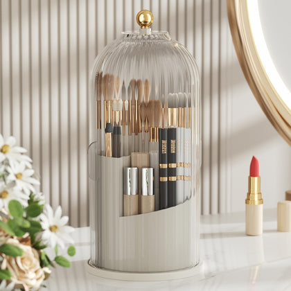 KHNR Makeup Brush Organizer with Lids,360 Rotating Makeup Organizers,Dustproof Makeup Holders and Organizers,Makeup Brushes Organizer for Vanity Desktop Bathroom Countertop,White