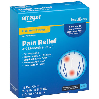 Amazon Basic Care Maximum Strength OTC Pain Relief , 4% Lidocaine Patch, 3.9 x 5.5, 15-Count Box (Previously HealthWise)