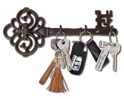 Comfify Key Holder for Wall - Cast Iron Skeleton Key - Decorative Farmhouse Rustic Wall Mount Key Organizer - 3 Key Hooks - Vintage Key Rack for Entryway with Screws & Anchors - 10.8 x 4.7