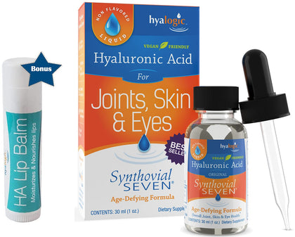Hyalogic Liquid Synthovial Seven - Oral Hyaluronic Acid Supplement 1oz with Bonus Lip Balm HA Stick - Skin, Body and Lip Hydration