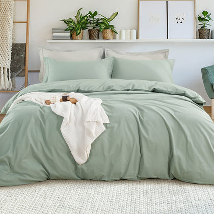 EMME Cotton Twin Duvet Cover Sage Green 2-Piece Soft Cotton Twin XL Comforter Cover Bedding Collection Solid Color Button Closure & Corner Ties (Green, Twin/Twin XL)