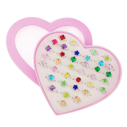 SUNMALL 36 pcs Little Girl Adjustable Rhinestone Gem Rings in Box, Children Kids Jewelry Rings Set with Heart Shape Display Case, Girl Pretend Play and Dress up Rings for Kids