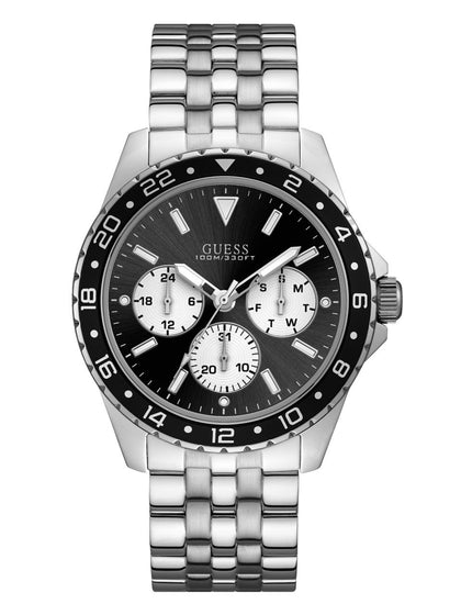 GUESS Stainless Steel + Black Bracelet Watch with Day, Date + 24 Hour Military/Int'l Time. Color: Silver-Tone (Model: U1107G1)