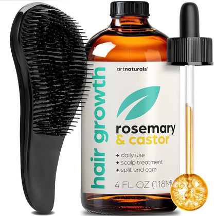 ArtNaturals Organic Rosemary Castor Hair Growth Oil 4.0oz with Hair Detangler Brush and Scalp Massager - Treatment for Hair & Scalp, Promotes Growth, for Dryness, Damaged Hair, Split Ends,Healthy Hair
